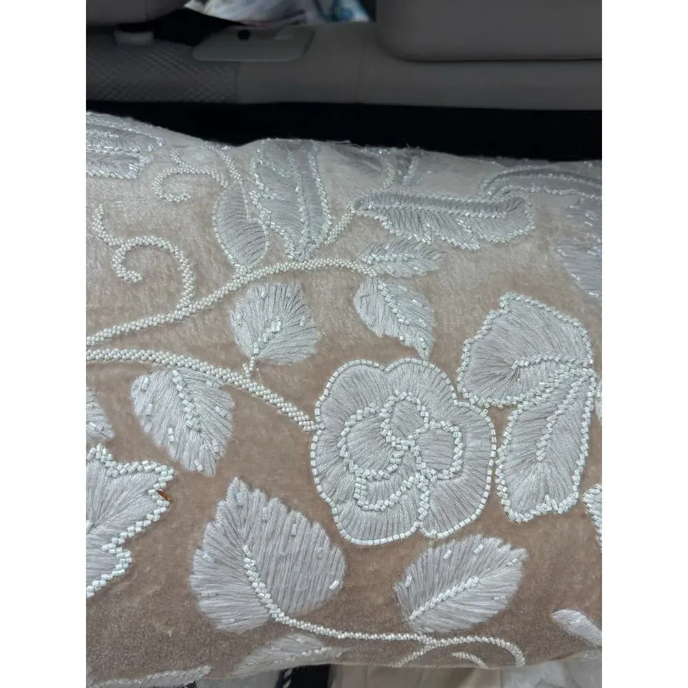 Callisto Home 14x24 Cream Floral Velvet Decorative Lumbar Pillow Feather Fill